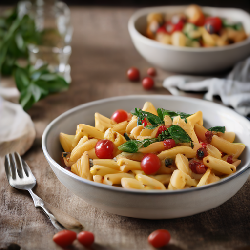 Sizilianische Penne mit scharfem Ofengemüse, Erbsen und Mandeln